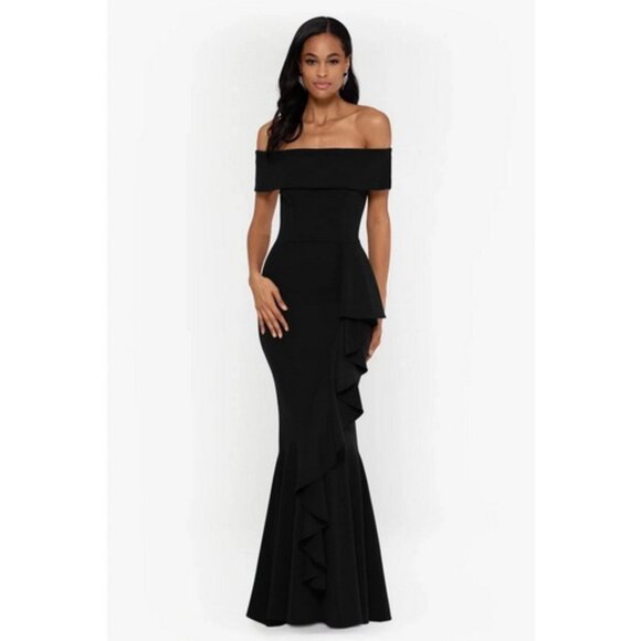 Betsy & Adam Black Off the Shoulder Crepe Ruffle Gown - Picture 1 of 3